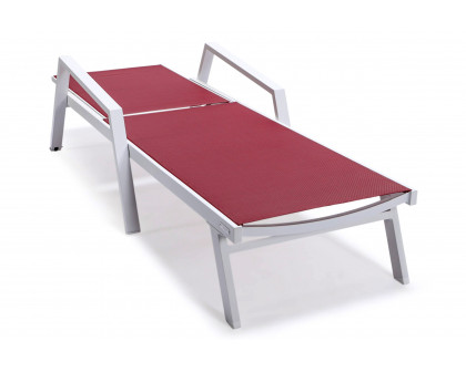 LeisureMod Marlin Patio Chaise Lounge Chair With Armrests In White Aluminum Frame - Burgundy