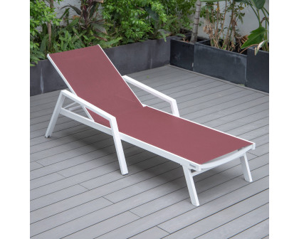 LeisureMod Marlin Patio Chaise Lounge Chair With Armrests In White Aluminum Frame - Burgundy