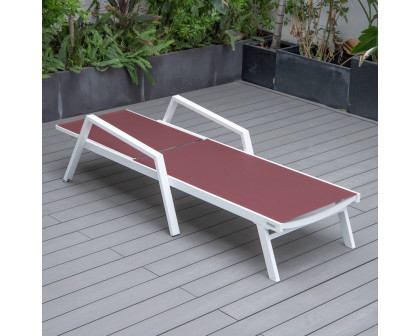 LeisureMod Marlin Patio Chaise Lounge Chair With Armrests In White Aluminum Frame - Burgundy