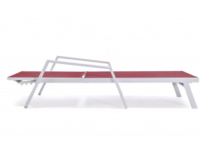 LeisureMod Marlin Patio Chaise Lounge Chair With Armrests In White Aluminum Frame - Burgundy