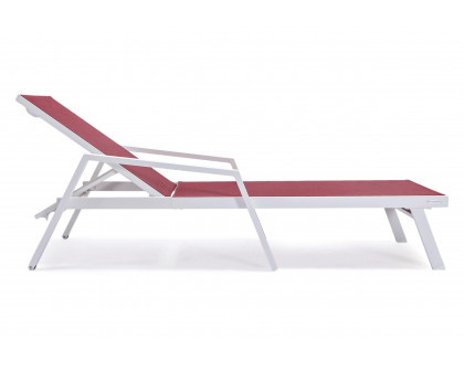 LeisureMod Marlin Patio Chaise Lounge Chair With Armrests In White Aluminum Frame - Burgundy