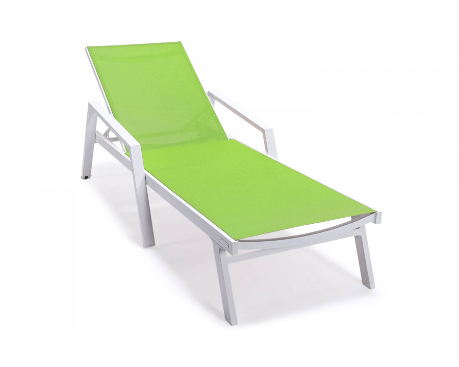 LeisureMod Marlin Patio Chaise Lounge Chair With Armrests In White Aluminum Frame - Green