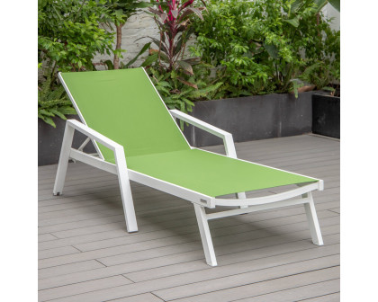 LeisureMod Marlin Patio Chaise Lounge Chair With Armrests In White Aluminum Frame - Green