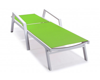 LeisureMod Marlin Patio Chaise Lounge Chair With Armrests In White Aluminum Frame - Green