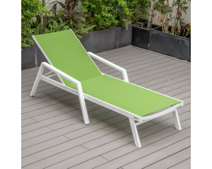 LeisureMod Marlin Patio Chaise Lounge Chair With Armrests In White Aluminum Frame - Green