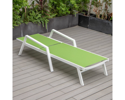 LeisureMod Marlin Patio Chaise Lounge Chair With Armrests In White Aluminum Frame - Green