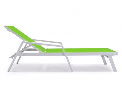 LeisureMod Marlin Patio Chaise Lounge Chair With Armrests In White Aluminum Frame - Green