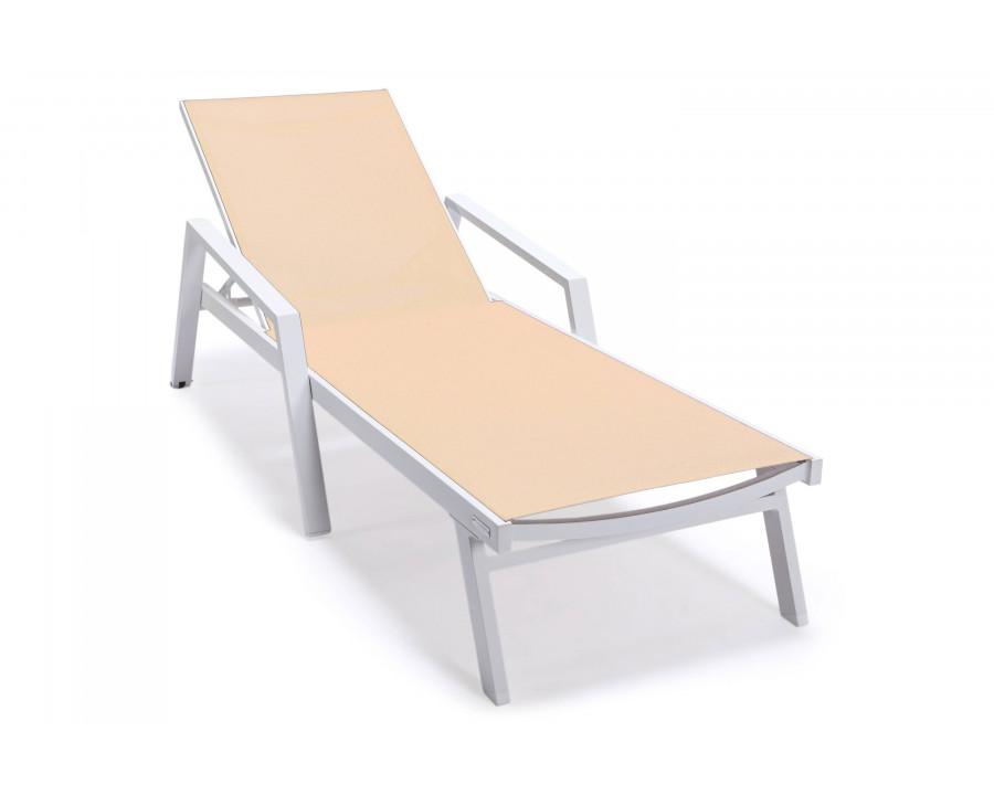 LeisureMod Marlin Patio Chaise Lounge Chair With Armrests In White Aluminum Frame - Light Brown