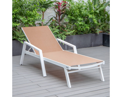 LeisureMod Marlin Patio Chaise Lounge Chair With Armrests In White Aluminum Frame - Light Brown