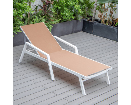 LeisureMod Marlin Patio Chaise Lounge Chair With Armrests In White Aluminum Frame - Light Brown