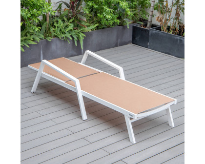 LeisureMod Marlin Patio Chaise Lounge Chair With Armrests In White Aluminum Frame - Light Brown