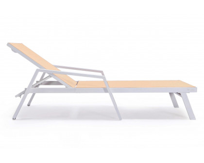 LeisureMod Marlin Patio Chaise Lounge Chair With Armrests In White Aluminum Frame - Light Brown