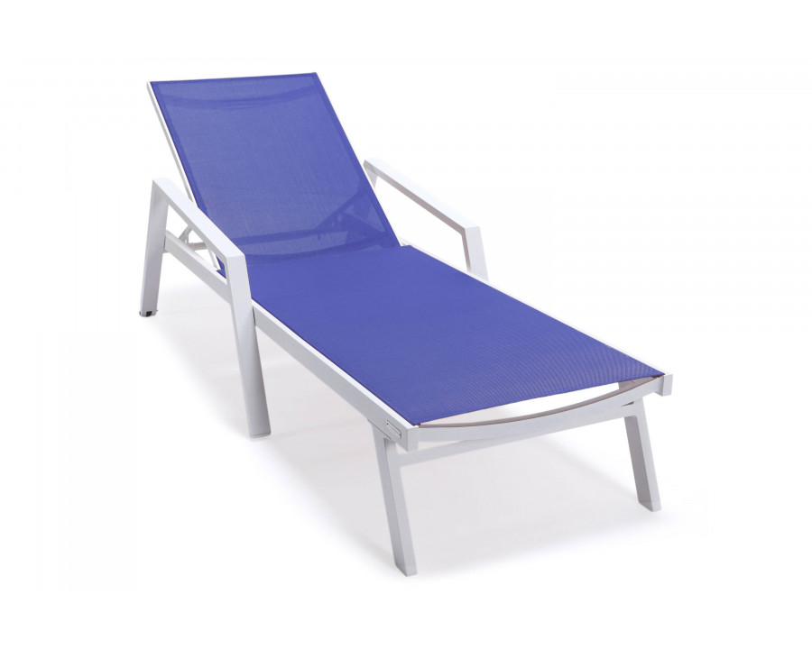 LeisureMod Marlin Patio Chaise Lounge Chair With Armrests In White Aluminum Frame - Navy Blue