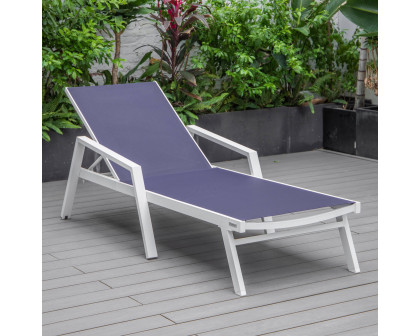 LeisureMod Marlin Patio Chaise Lounge Chair With Armrests In White Aluminum Frame - Navy Blue