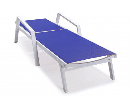 LeisureMod Marlin Patio Chaise Lounge Chair With Armrests In White Aluminum Frame - Navy Blue