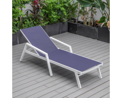 LeisureMod Marlin Patio Chaise Lounge Chair With Armrests In White Aluminum Frame - Navy Blue