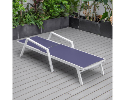 LeisureMod Marlin Patio Chaise Lounge Chair With Armrests In White Aluminum Frame - Navy Blue