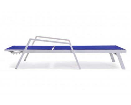 LeisureMod Marlin Patio Chaise Lounge Chair With Armrests In White Aluminum Frame - Navy Blue