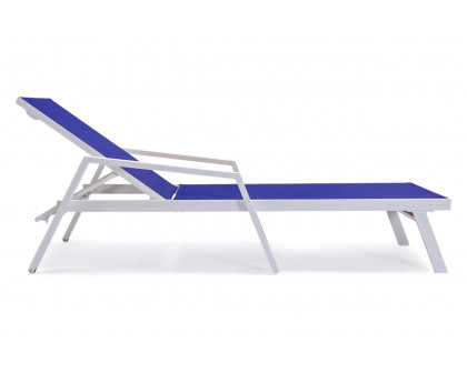 LeisureMod Marlin Patio Chaise Lounge Chair With Armrests In White Aluminum Frame - Navy Blue