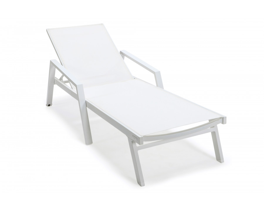 LeisureMod Marlin Patio Chaise Lounge Chair With Armrests In White Aluminum Frame - White