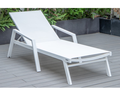 LeisureMod Marlin Patio Chaise Lounge Chair With Armrests In White Aluminum Frame - White