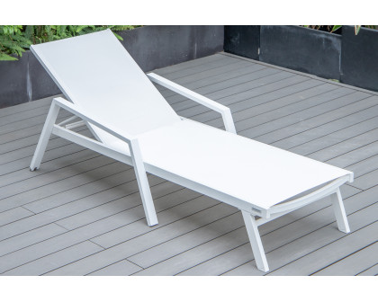 LeisureMod Marlin Patio Chaise Lounge Chair With Armrests In White Aluminum Frame - White