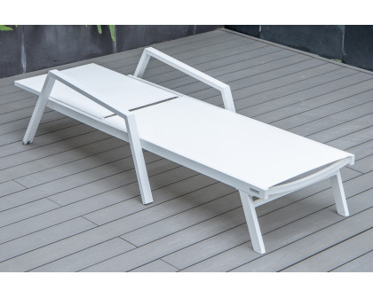 LeisureMod Marlin Patio Chaise Lounge Chair With Armrests In White Aluminum Frame - White