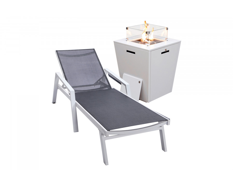 LeisureMod Marlin Modern White Aluminum Outdoor Chaise Lounge Chair With Arms and Square Fire Pit Side Table for Patio - Black