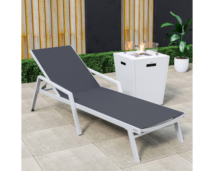 LeisureMod Marlin Modern White Aluminum Outdoor Chaise Lounge Chair With Arms and Square Fire Pit Side Table for Patio - Black