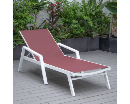 LeisureMod Marlin Modern White Aluminum Outdoor Chaise Lounge Chair With Arms and Square Fire Pit Side Table for Patio - Burgundy