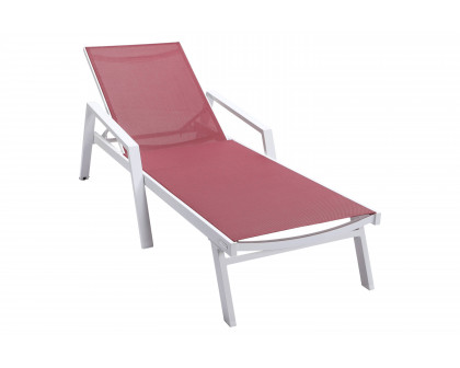 LeisureMod Marlin Modern White Aluminum Outdoor Chaise Lounge Chair With Arms and Square Fire Pit Side Table for Patio - Burgundy