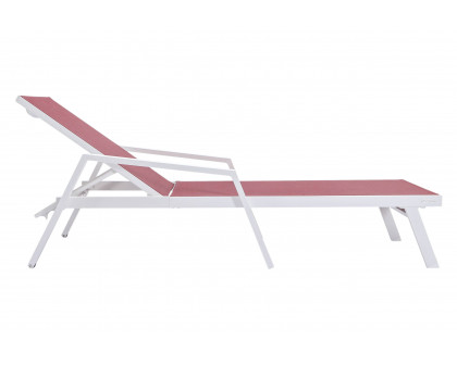 LeisureMod Marlin Modern White Aluminum Outdoor Chaise Lounge Chair With Arms and Square Fire Pit Side Table for Patio - Burgundy