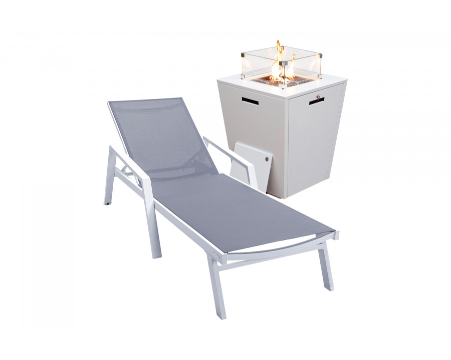 LeisureMod Marlin Modern White Aluminum Outdoor Chaise Lounge Chair With Arms and Square Fire Pit Side Table for Patio - Dark Gray