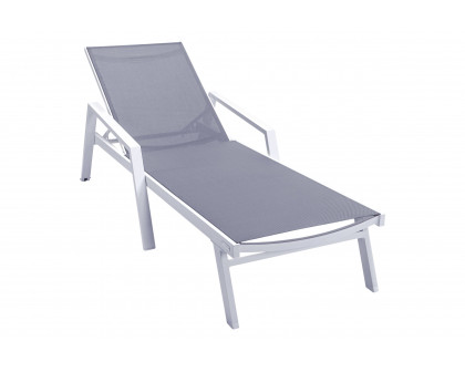 LeisureMod Marlin Modern White Aluminum Outdoor Chaise Lounge Chair With Arms and Square Fire Pit Side Table for Patio - Dark Gray