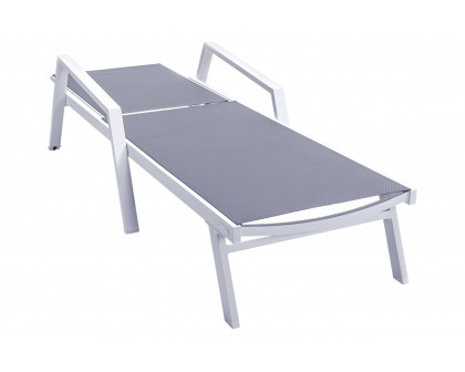 LeisureMod Marlin Modern White Aluminum Outdoor Chaise Lounge Chair With Arms and Square Fire Pit Side Table for Patio - Dark Gray