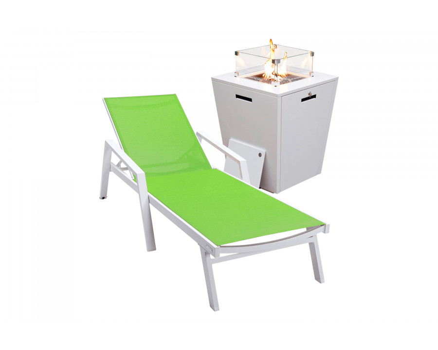 LeisureMod Marlin Modern White Aluminum Outdoor Chaise Lounge Chair With Arms and Square Fire Pit Side Table for Patio - Green