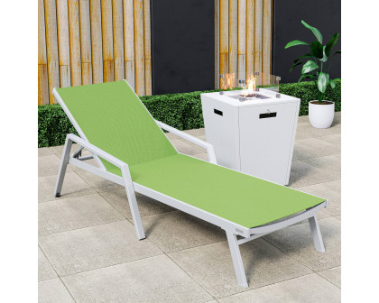 LeisureMod Marlin Modern White Aluminum Outdoor Chaise Lounge Chair With Arms and Square Fire Pit Side Table for Patio - Green