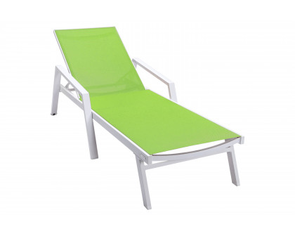 LeisureMod Marlin Modern White Aluminum Outdoor Chaise Lounge Chair With Arms and Square Fire Pit Side Table for Patio - Green