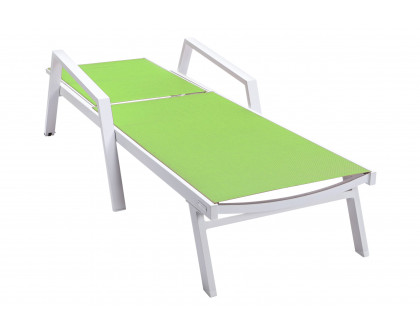 LeisureMod Marlin Modern White Aluminum Outdoor Chaise Lounge Chair With Arms and Square Fire Pit Side Table for Patio - Green