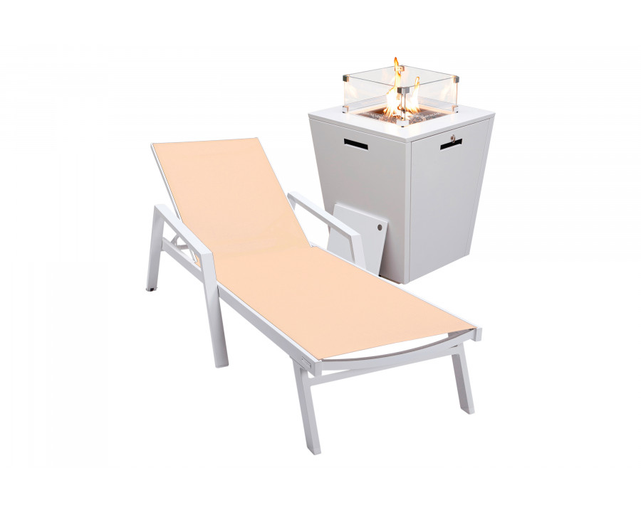 LeisureMod Marlin Modern White Aluminum Outdoor Chaise Lounge Chair With Arms and Square Fire Pit Side Table for Patio - Light Brown