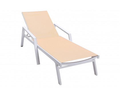 LeisureMod Marlin Modern White Aluminum Outdoor Chaise Lounge Chair With Arms and Square Fire Pit Side Table for Patio - Light Brown