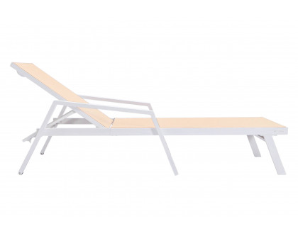 LeisureMod Marlin Modern White Aluminum Outdoor Chaise Lounge Chair With Arms and Square Fire Pit Side Table for Patio - Light Brown