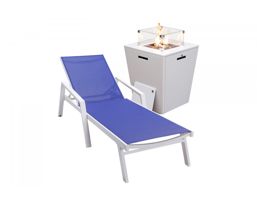 LeisureMod Marlin Modern White Aluminum Outdoor Chaise Lounge Chair With Arms and Square Fire Pit Side Table for Patio - Navy Blue