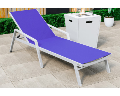 LeisureMod Marlin Modern White Aluminum Outdoor Chaise Lounge Chair With Arms and Square Fire Pit Side Table for Patio - Navy Blue