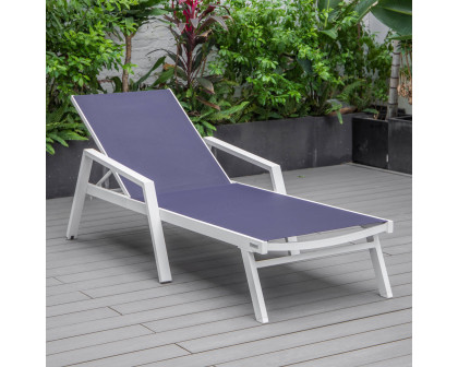 LeisureMod Marlin Modern White Aluminum Outdoor Chaise Lounge Chair With Arms and Square Fire Pit Side Table for Patio - Navy Blue