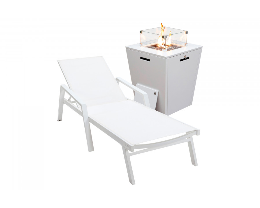 LeisureMod Marlin Modern White Aluminum Outdoor Chaise Lounge Chair With Arms and Square Fire Pit Side Table for Patio - White