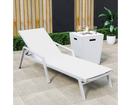 LeisureMod Marlin Modern White Aluminum Outdoor Chaise Lounge Chair With Arms and Square Fire Pit Side Table for Patio - White