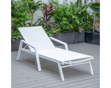 LeisureMod Marlin Modern White Aluminum Outdoor Chaise Lounge Chair With Arms and Square Fire Pit Side Table for Patio - White