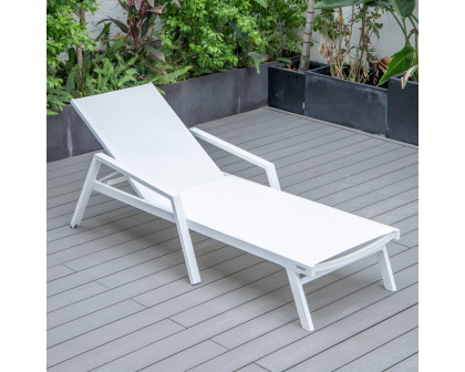 LeisureMod Marlin Modern White Aluminum Outdoor Chaise Lounge Chair With Arms and Square Fire Pit Side Table for Patio - White