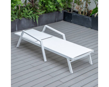 LeisureMod Marlin Modern White Aluminum Outdoor Chaise Lounge Chair With Arms and Square Fire Pit Side Table for Patio - White